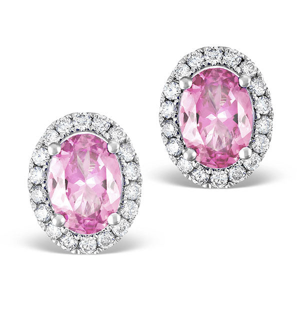 Pink Sapphire 7 X 5mm and Diamond 18K White Gold Earrings